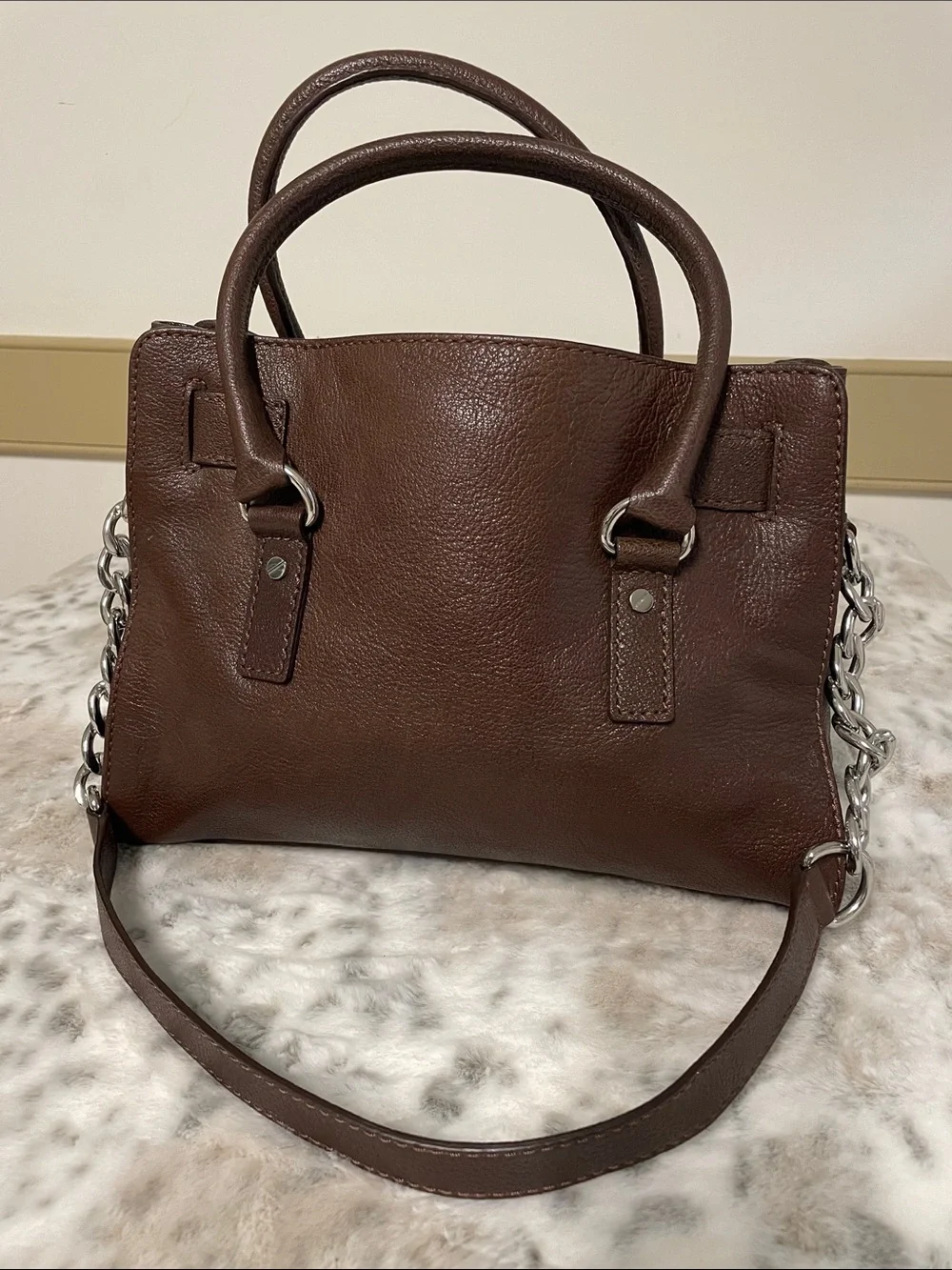 Michael Kors Dark Brown Pebbled Leather Satchel with Silver Hardware